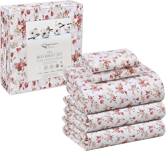 RUVANTI 100% Cotton Split King Sheets Sets for Adjustable Bed, 5 PCs, Soft & Breathable Percale Weave Bedding, Deep Pocket 16", Hotel Standard, Crisp Cool Feel & Durable, Floral Sheet, Bouquet