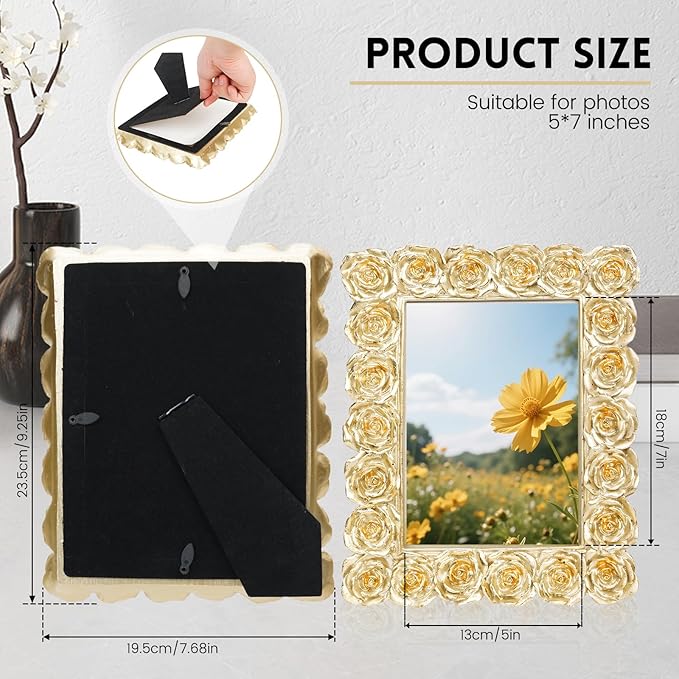 Gold Picture Frames, Rose Ornate 5x7 Photo Frame, Vintage Carved Floral Textured Hand-Crafted Picture Frame with Glass Front, Resin Photo Frames Tabletop or Wall Hanging, Pictures Display Frame for Home Decor