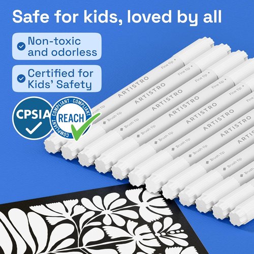 ARTISTRO 12 White Acrylic Paint Markers - Versatile Paint Pens with Brush & Fine Tips - Ideal for Fabric, Rock, Glass, Wood, DIY Projects - Perfect Art Supplies for All Ages