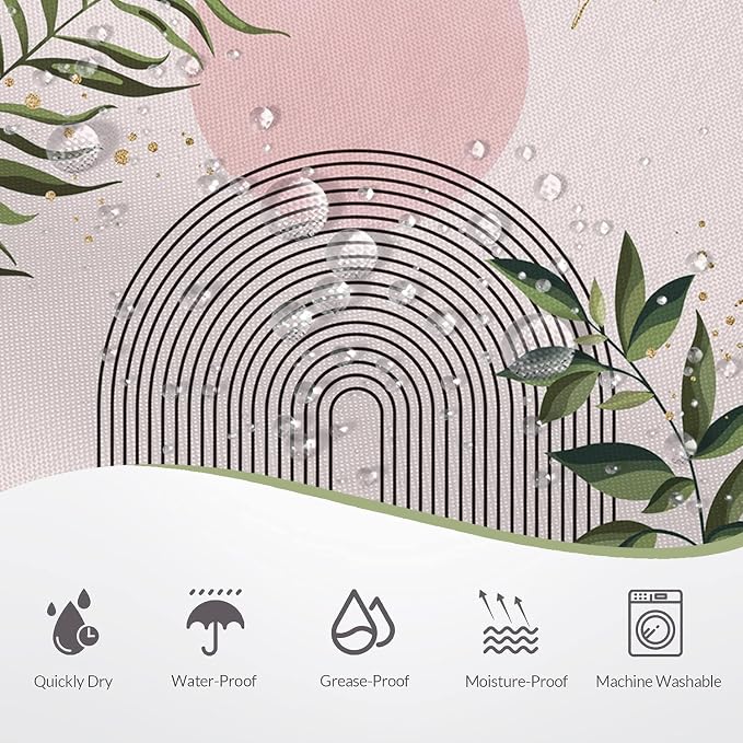 Boho Mid Century Shower Curtain, Pink Modern Minimalist Abstract Geometric Green Gold Plant Leaves Sun Arch Bathroom Curtains Waterproof Fabric Buthtub Curtain Set with Hooks 60" Wx72 L