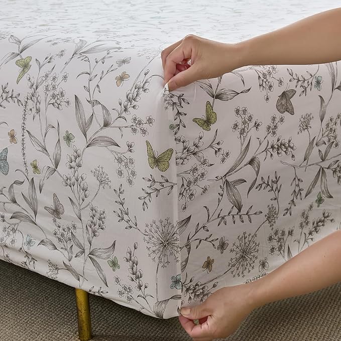 100% Cotton Sheet Set Queen Size – 4-Piece Chic White Floral Bedding Set, Soft Breathable Percale Weave, Deep Pocket Fitted Sheet 17.5", Crisp Cool Feel, Refined Botanical Elegance