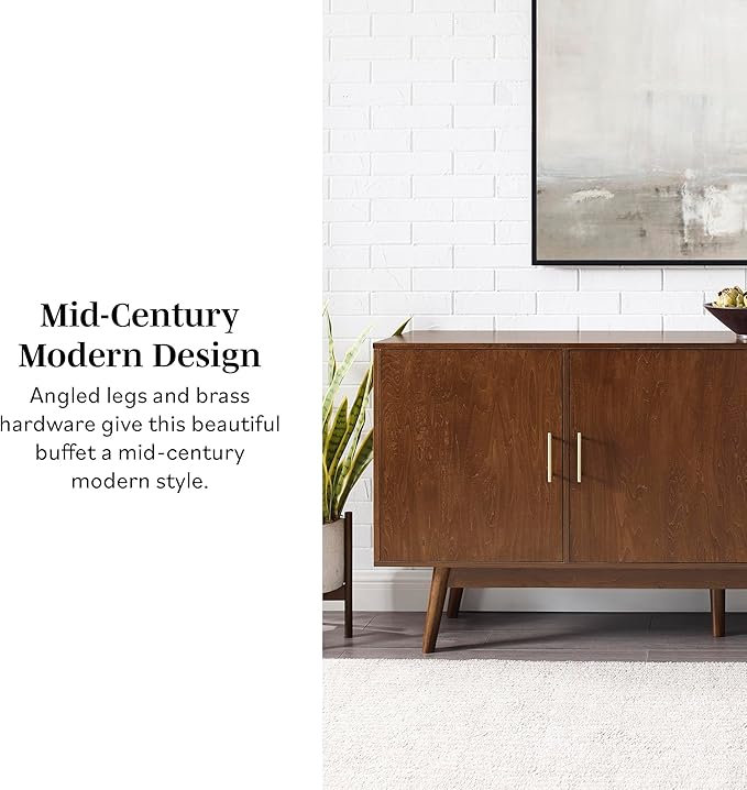 Walker Edison Mid-Century Modern Wood Kitchen Buffet Sideboard Entryway Serving Storage Cabinet Doors Dining Room Console, 70 Inch, Walnut