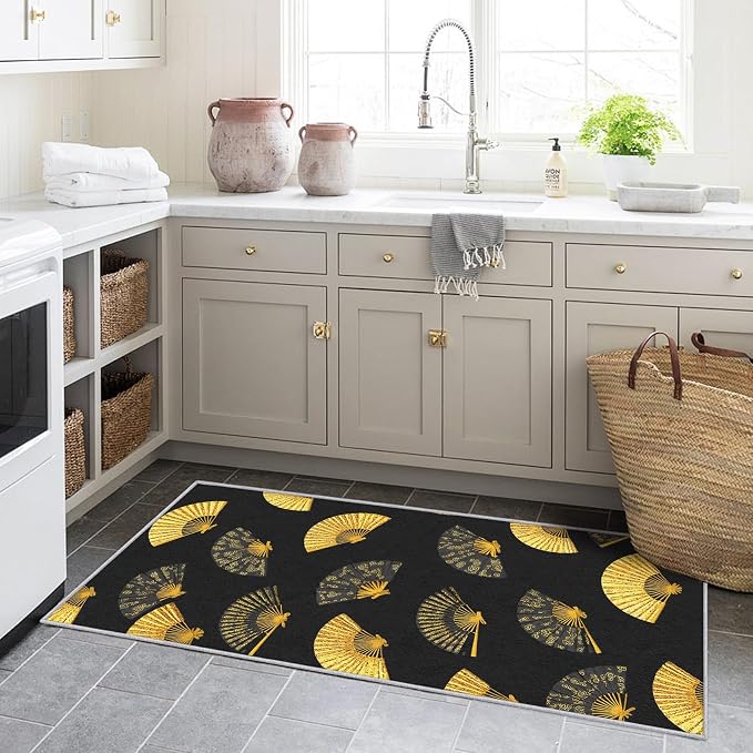 Oriental Fan Runner Rug 2x5, Black and Gold Vintage Asian Design, Japanese Style Area Rug Washable Hallway Rugs Non-Slip Floor Carpet Runner for Bedroom, Narrow Hallway, Kitchen Aisle