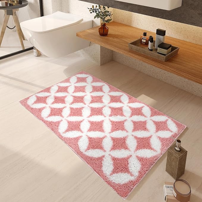 Civkor Pink and White Bathroom Rug Non Slip Washable, Cute Bath Mat for Bathroom with TPR Backing, Quick Dry Fluffy Microfiber Piles, Super Water Absorbent Thin Bath Rug Fit Under Door, 31x20Inch