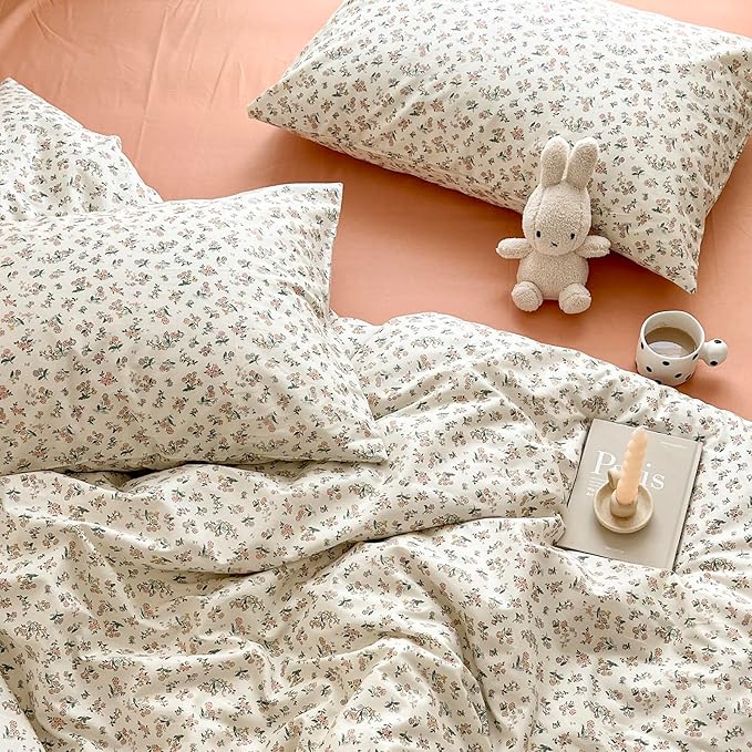 EAVD King Cotton Bed Linen Set, Garden Style, 100% Cotton, Small Floral, 1 Duvet Cover, 2 Pillowcases, Zipper Closure