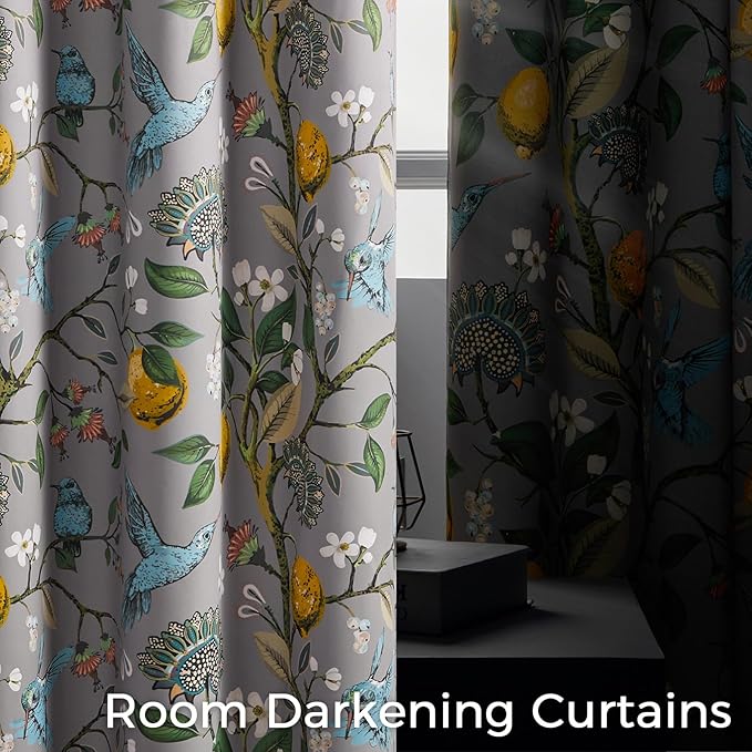 Vintage Floral Pinch Pleated Blackout Curtains 84 Inches Long 2 Panels for Bedroom Living Room Grey White Flower Patterned Room Darkening，Lemon Design Hummingbird Colorful Window Treatments Drapes
