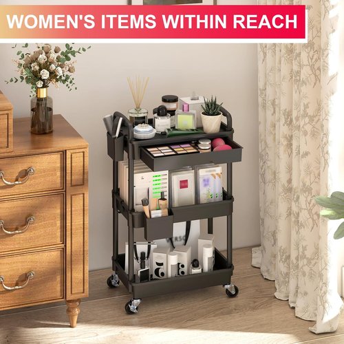 Goovilla 3-Tier Rolling Utility Cart - Sturdy Black Organizer with Removable Drawer & Lockable Wheels for Kitchen, Bathroom, Craft, and Baby Essentials