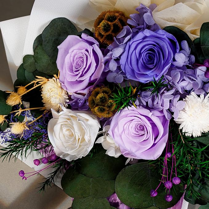 Perfectione Roses 4 Roses Mixed Bouquet for Mother's Day, Flowers for Delivery, Preserved Flowers Birthday Gift for Women Mom Wife Grandma Her, Light Purple