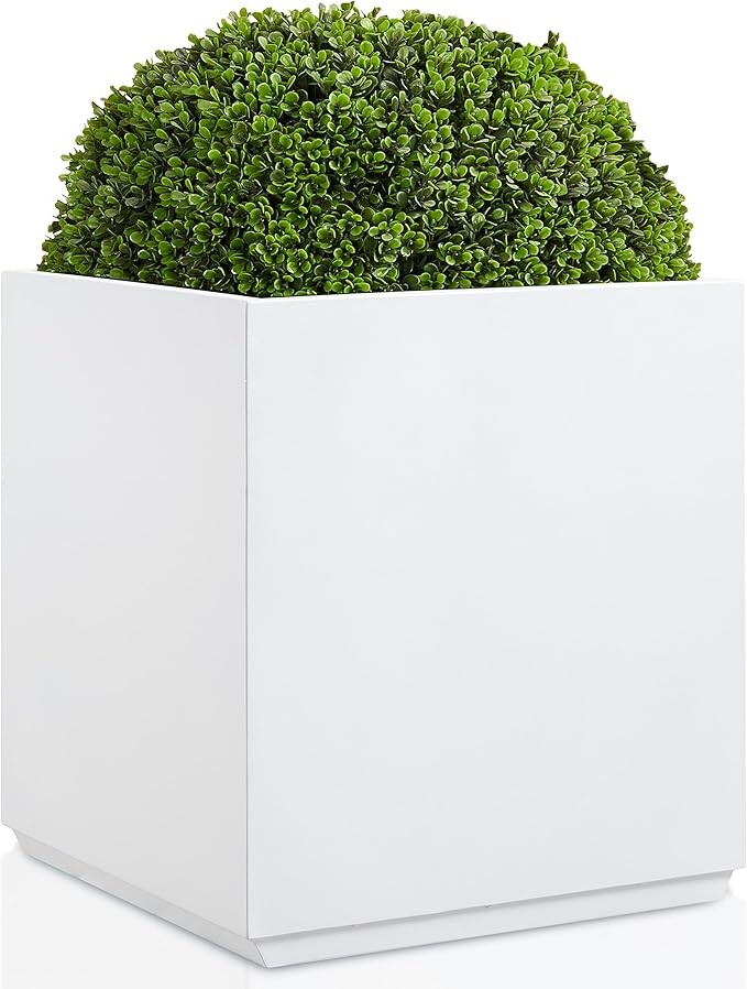 Wallowa Metallic Heavy Planter Box for Outdoor or Indoor, No Assemble and Seamless, Large Square Planter, Cube Planter for Tall Trees, Plants, Flowers 21Lx21Wx24H 35Pounds White