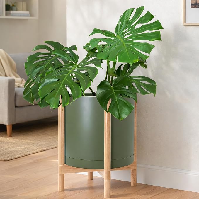 D'vine Dev Planter Pot with Stand - 16 Inch Plastic Cylinder Flower Pot with Wood Planter Holder for Indoor, Olive Pot + Natural Stand, 55-C-Y-3