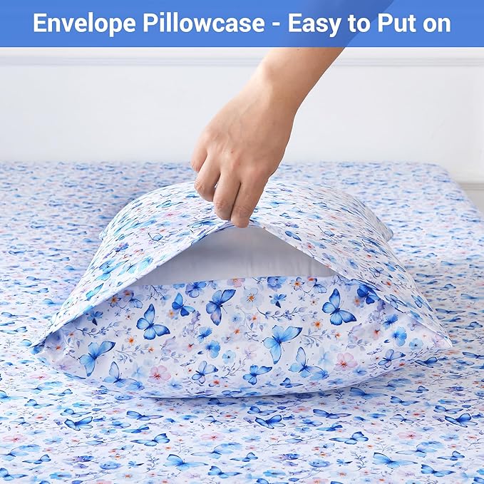 Softan Twin Floral Sheets, Microfiber Blue Flower Printed Fitted Sheets with Non-Slip Corner Straps and 15" Deep Pocket, Butterfly Patterned Cozy Bed Sheets, Single Sheets & Pillowcase Sets