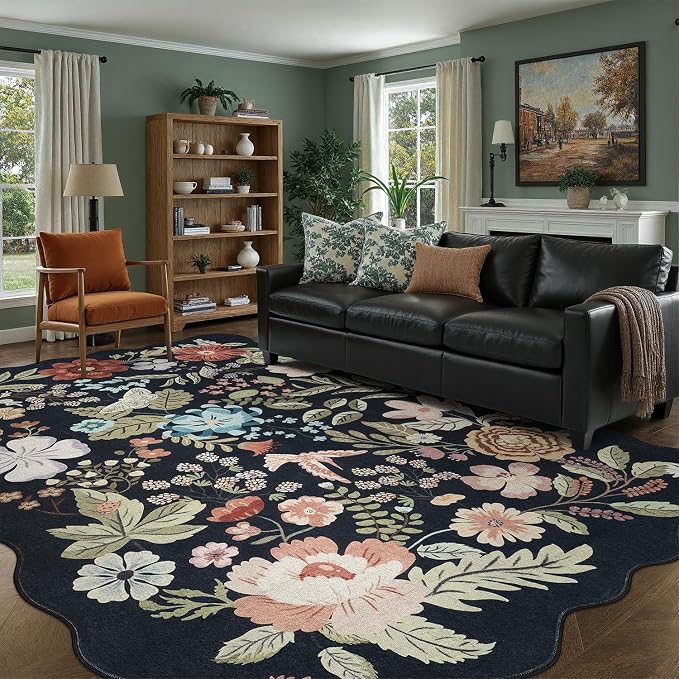 DCX Black Floral Rug 8x10, Washable Black Rug for Living Room, Kid & Pet Friendly with Rubber Back Non Slip, Soft Low Pile Carpet, Stain Resistant Rug for Bedroom, Nursery, Dining Room