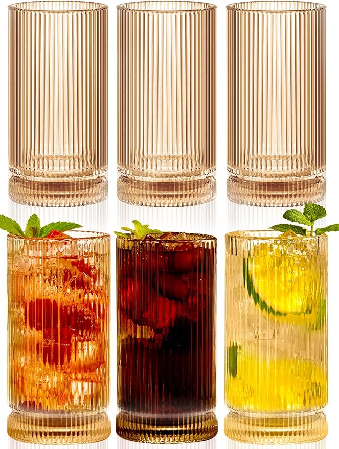 16Oz Amber Ribbed Glassware Set Of 6 – Vintage Drinking Glasses And Ribbed Glass Cups, Amber Glassware Drinkware Set For Water, Juice, Cocktails, Iced Coffee, Smoothies, Beer, Home, Parties