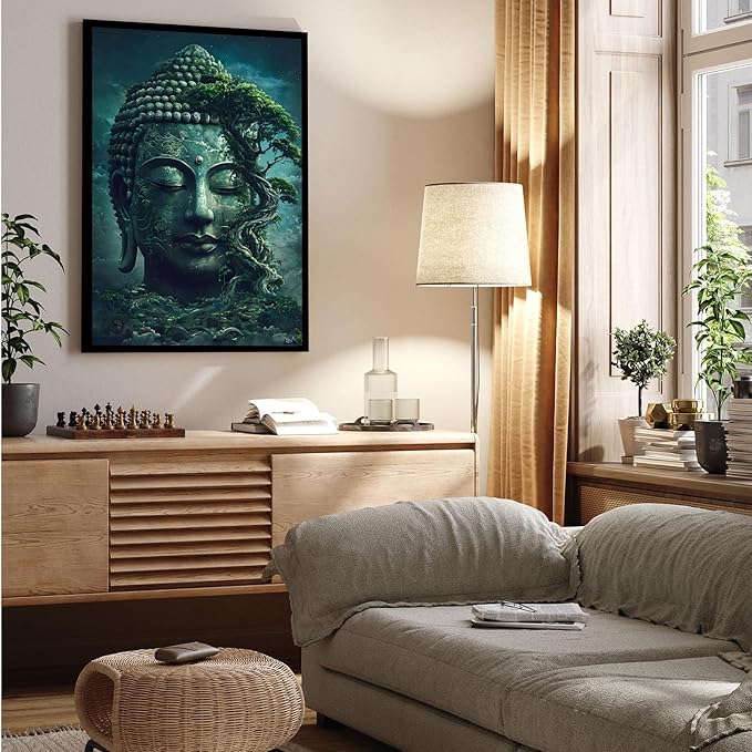 Buddha statue wall art canvas wall decor aesthetic picture mystical nature art for tranquil home and spiritual space 12x18in Metal blackFramed