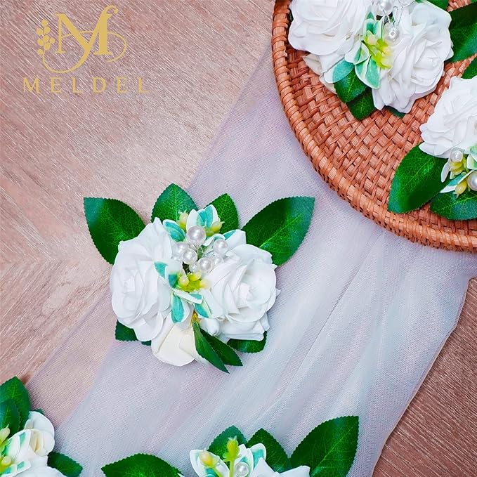 Meldel Boutonniere for Men Wedding Floral Shoulder Corsages, Set of 2,Groomsmen White Artificial Boutonnieres for Men Wedding Prom Best Man Corsage, Bride Bridal Bridesmaid Girl Prom Shoulder Flowers
