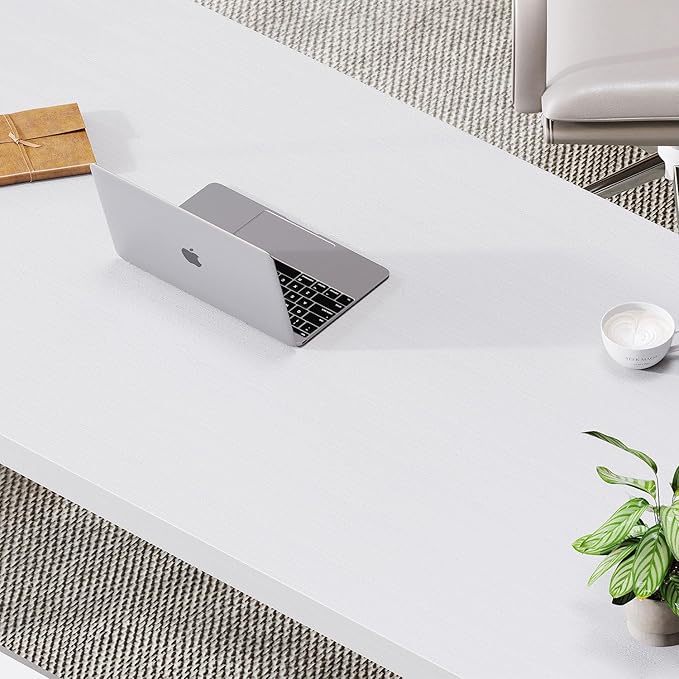 LVB White Computer Desk, Modern Wood Home Office Desk for PC Writing Work, Metal Wooden Executive Workstation Student Simple Desk, Computer Study Gaming Bedroom Table, 55 Inch, White Oak