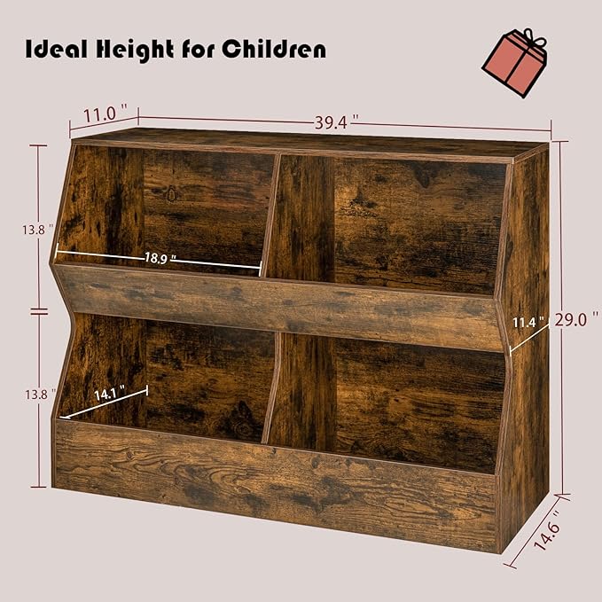 DINZI LVJ Kids Bookshelf, Toy Storage Organizer, Wooden Toy Storage Cabinet, 4 Cubby Children Bookcase, 39.4" L Toddler Book Shelf for Bedroom, Nursery, Hallway, School, Rustic Brown