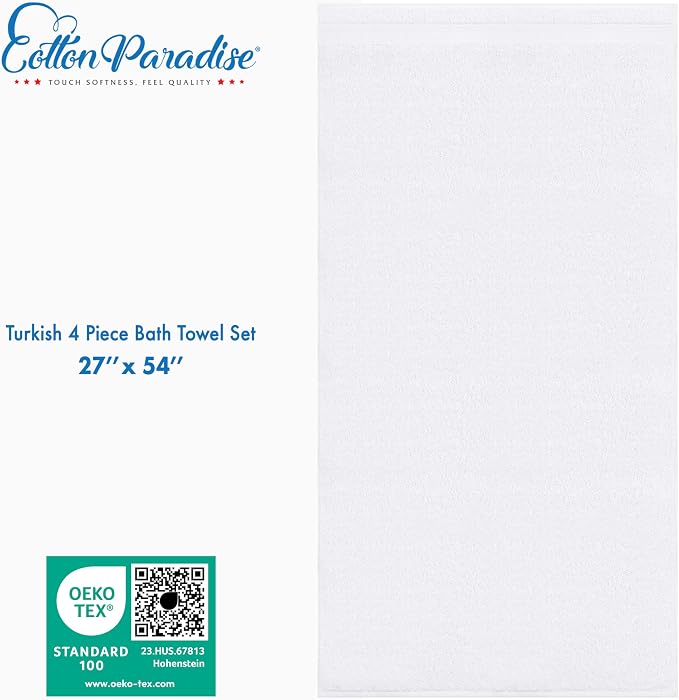 Cotton Paradise 4 Piece Turkish Bath Towels for Bathroom, Extra Large Soft Plush Towels Bathroom Set, White