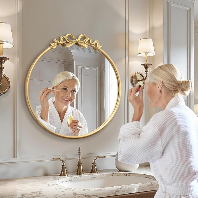Besdomus Vintage Gold Mirror: 27" Bow Round Wall Mounted Mirror - Baroque Traditional Ornate Metal Framed for Entryway/Fireplace/Bathroom/Hallway - Home Decor for Fashion-Conscious