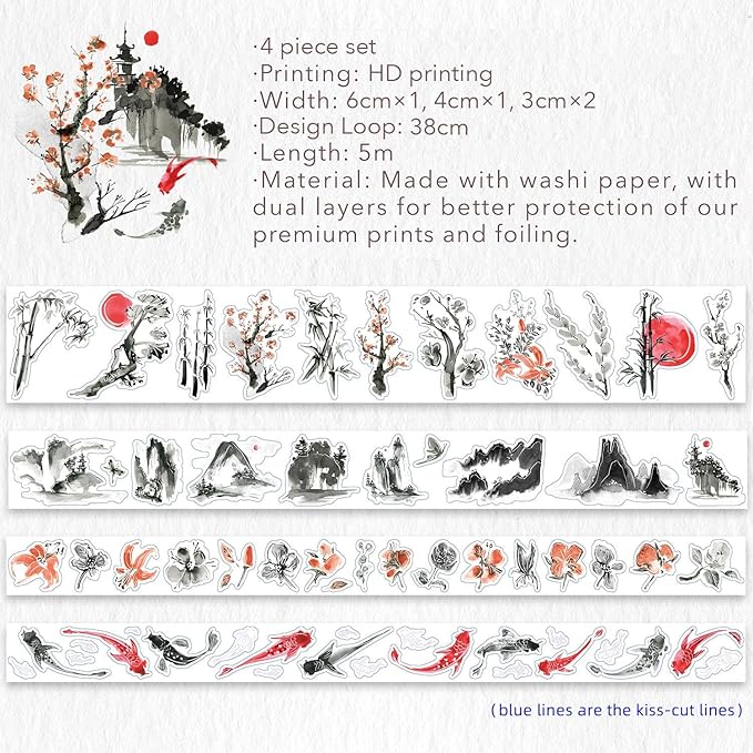 WT Ink Tranquility Washi Tape Sticker Set, 4 Rolls, Original Designs, Eastern Watercolor Koi Fish, Black & Red, Silver Foil Decorative Stickers for Bujo, Planner, Journals, DIY Crafts