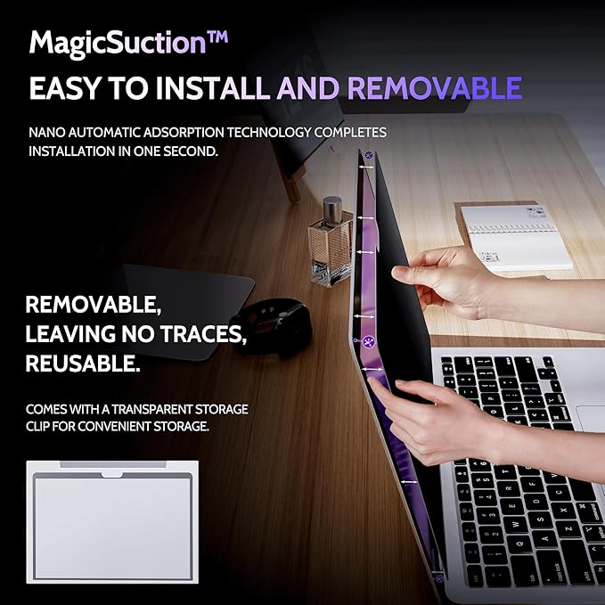 Peslv Privacy Screen for MacBook Air 13 Inch (2018-2021, M1) & MacBook Pro 13 In (2016-2022, M1, M2), MagicSuction™ Removable Anti Spy Black Protector, Glare Blue Light Filter for Mac Laptop Computer