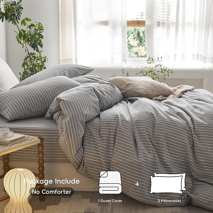 MooMee Striped Duvet Cover Set 100% Washed Cotton Linen Like Textured Breathable Durable Soft Comfy (Light Grey White Wide Stripes, Oversized King Plus 128"x120")
