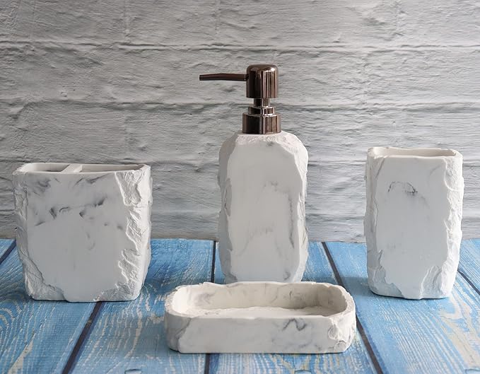 Hymmah Marble Bathroom Accessories Set,Marble Design Toothbrush Holder,Farmhouse Bathroom Decor,4 Pcs Resin Gift Set Apartment Necessities, Contain Toothbrush Cup,Soap Dispenser,Soap Dish,Tumbler