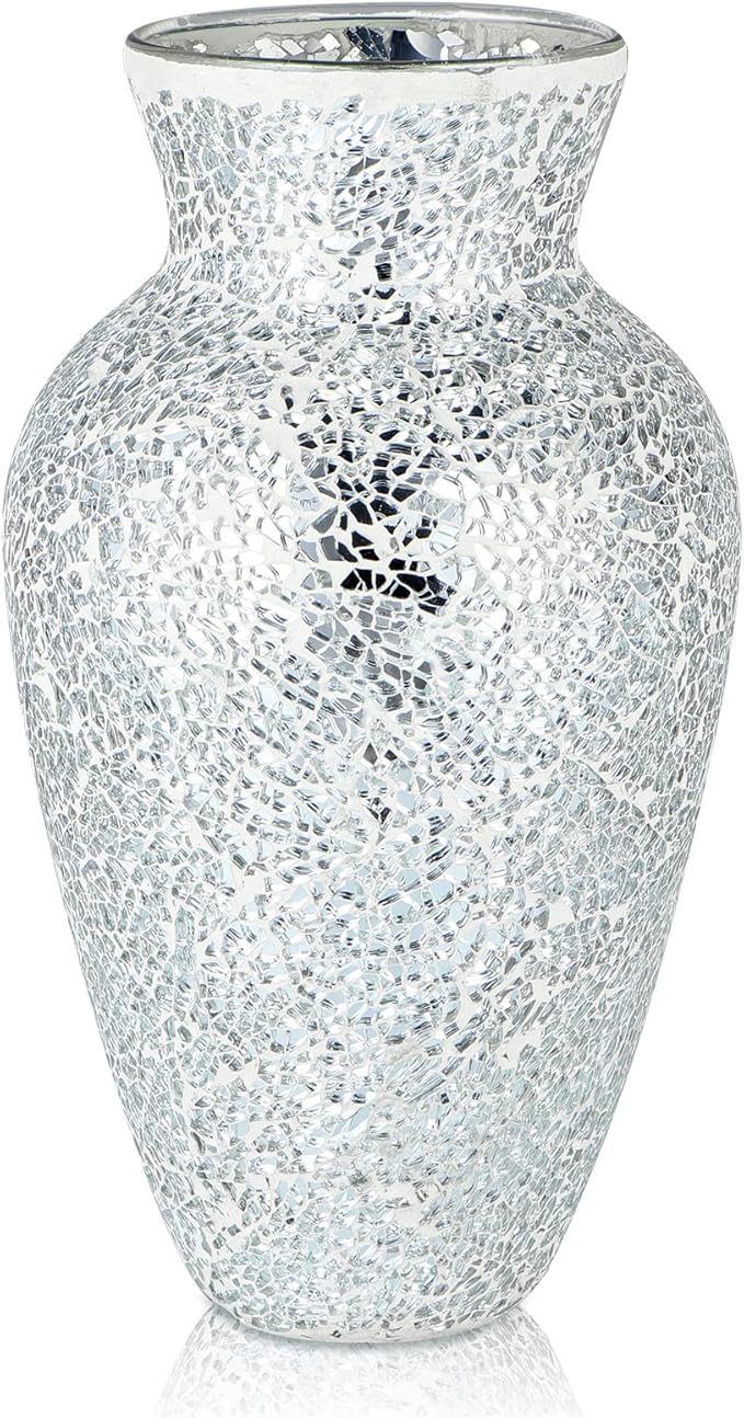 MDLUU Mosaic Vase 11" Tall, Handcrafted Cracked Glass Vase, Decorative Flower Vase for Home Decor, Wedding, Table Centerpiece, Gift (Silver)