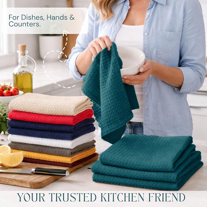 Teal Green Kitchen Towels – Waffle Weave, 100% Cotton, Soft & Absorbent, Fast Dry, Durable, 16x26 Inches, Perfect for Dish Drying, Bar, Cleaning, and Everyday Use, Set of 12, Teal