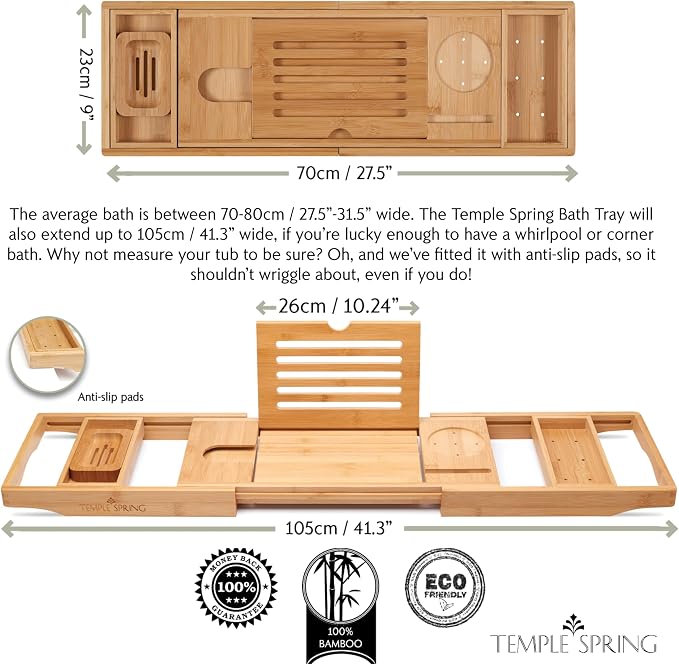 Temple Spring Bamboo Bathtub Tray Caddy for Tub — Expandable Wood Bath Tray with Solid Book Stand Wine Holder and Non-Slip Pads — Includes Bamboo Soap Dish and Spa Accessories — Luxury Bath Gift Set