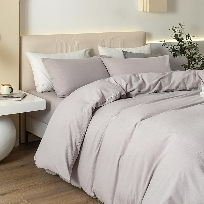 JIYUAN 100% Washed Cotton Duvet Cover Set 3 Pieces King, 1 Duvet Cover 104x90 Inches(Comforter Not Included) and 2 Pillowcases,Linen Feel Bedding Set Comfy and Breathable, Heathered Linen