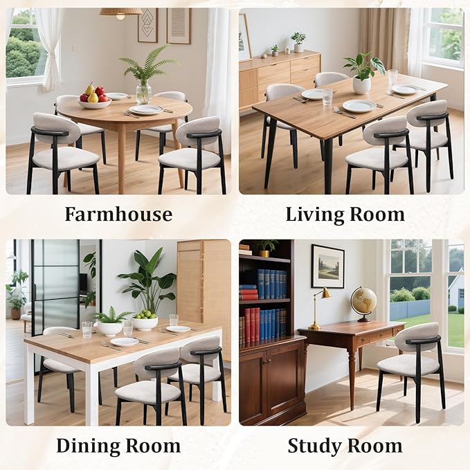 Farmhouse Dining Chairs Set of 6,Mid Century Modern Fabric Upholstered Kitchen Chairs,Wooden Dining Room Chair with Curved Back Black Leg for Kitchen Dining Room Restaurant Cafe,Linen Gray,Only Chairs