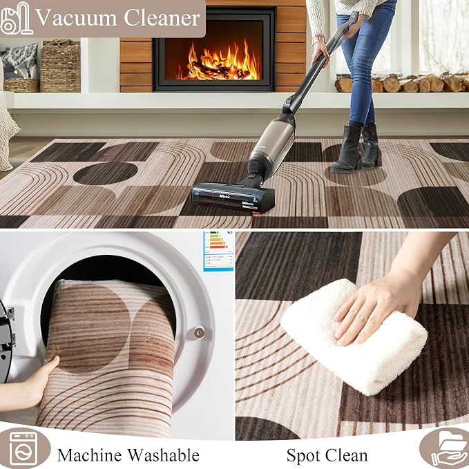 Machine Washable 2x6 Runner Rug, Soft Modern Geometric Abstract Brown Rugs for Bedroom Living Room, Non-Shedding Faux Wool Indoor Throw Floor Carpet for Office Entryway Dining Room Decor