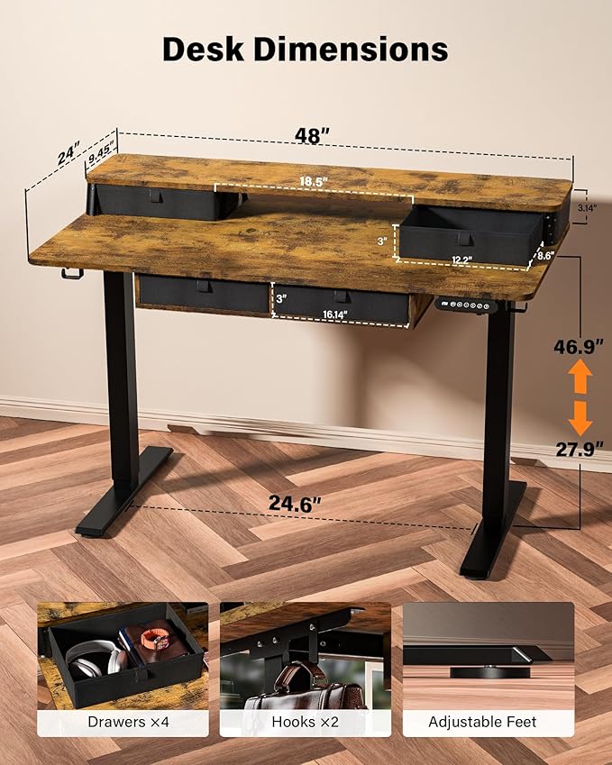 FiCiHi Adjustable Height Standing Desk with 4 Drawers,48 x 24 inches Electric Sit Stand Home Office Desk with Two Tiers, 3 Memory Presets, Monitor Stand Riser, C-Clamp Mount Compatible