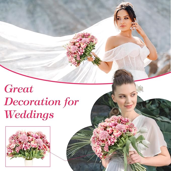 Olgaa 12 Bundles Peonies Artificial Flowers Silk Flowers Fake Peony Bouquet Faux Peonies Flowers Bulk for Wedding Decor Centerpiece Table Decorations (Purple Red)