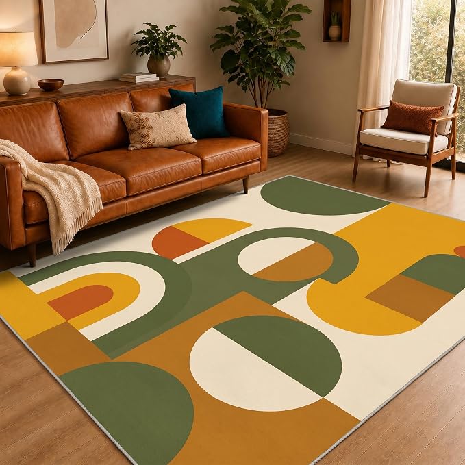 Mid Century Area Rug 7x9, Home Decor | Olive Mustard Bauhaus Circle, Retro Geometric Rug for Living Room, Bedroom, Home Office, Non Slip, Washable, Low Pile