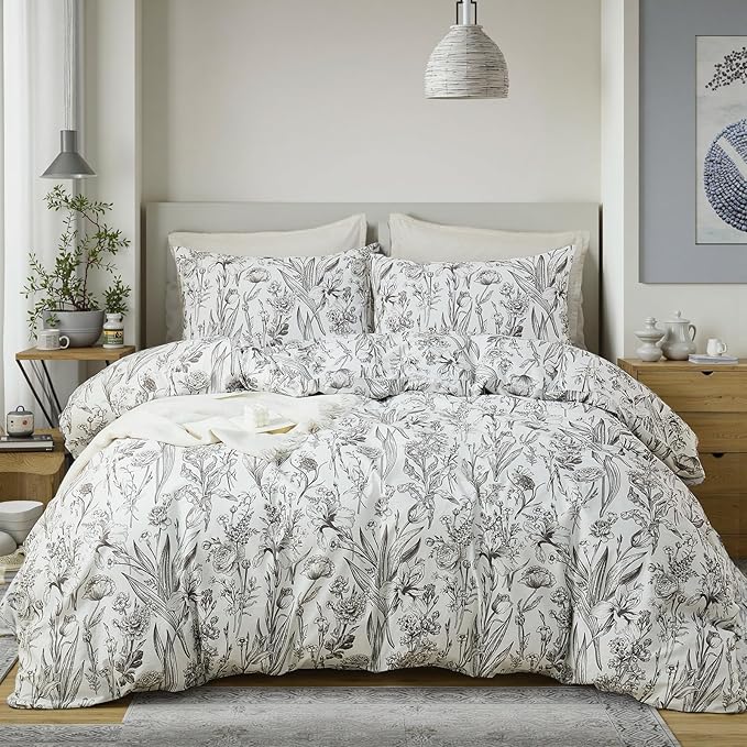 100% Cotton Duvet Cover King Size – Vintage Botanical Sketch Elegant Taupe Floral Duvet Cover Set with Zipper Closure, 3-Piece Soft Breathable Natural Premium Cotton Bedding Set