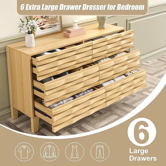 UEV Solid Wood 6 Drawer Dresser for Bedroom, Mid-Century Modern Chest of Drawers with Handmade Rhythmic Arc Line, Boho Style Fluted Dresser for Living Room, Entryway (Ivory White)