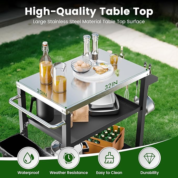 NUUK 3-Shelf Grill Cart for Outdoor with Stainless Steel Top – 20" x 32" Movable Pizza Oven Stand with Wheels Kitchen Prep Table BBQ Cart Worktable
