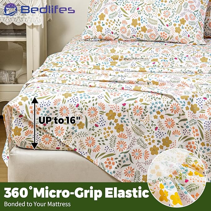 Bedlifes Queen Floral 4-Piece Sheet Set - Cooling Sheets Blend Rayon Derived from Bamboo,Soft & Breathable, Deep Pocket 16", Wrinkle Resistant - Featuring Floral