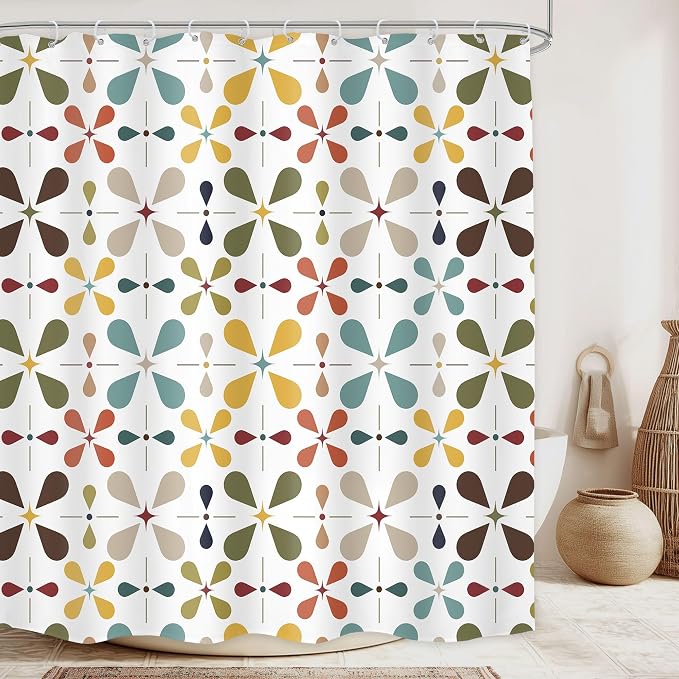 White Boho Mid Century Shower Curtain Bathroom Set 71Wx71H Inches Modern Vintage Abstract Bohemian Colourful Geometry Retro Bath Accessories Aesthetic Girly Art Home Decor Fabric 12 Pack Hooks