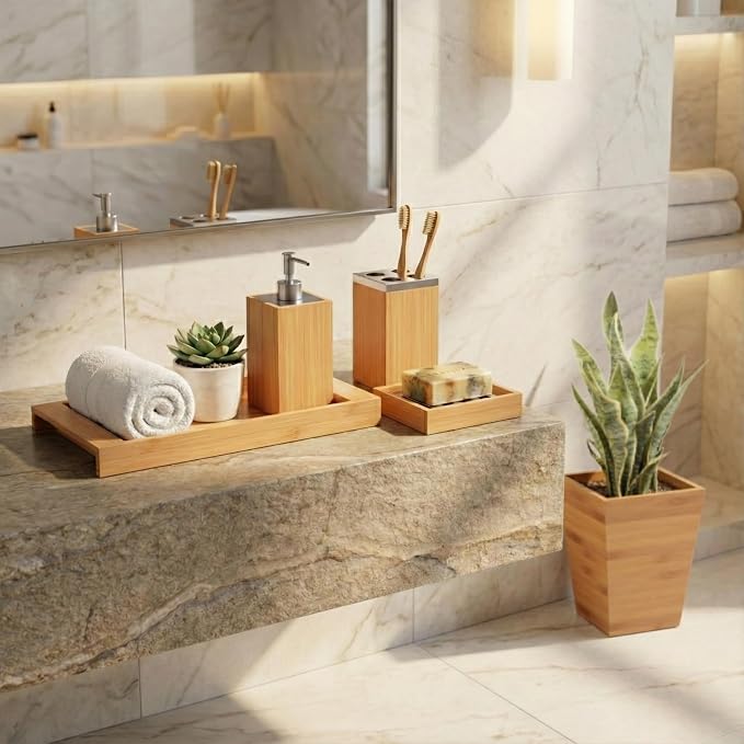 5-Piece Bathroom Decor Set - Bamboo Vanity Accessories with Trash Bin, Soap Dish, Soap Dispenser, Toothbrush Holder, and Tray by Lavish Home (Natural)