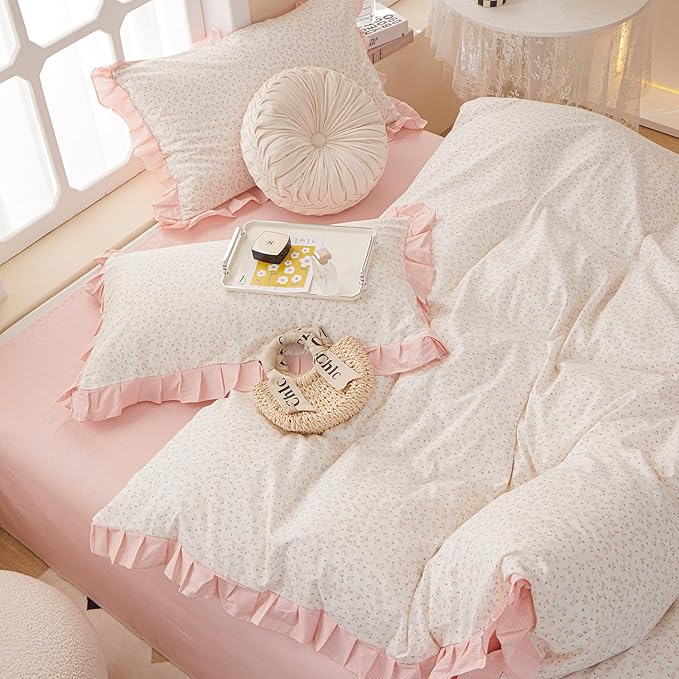 Romantic Pink Floral Duvet Cover Queen 100% Cotton Pink Ruffle Duvet Cover Girls Flower Comforter Cover Princess Lace Bedding Set Vintage Floral Coquette Bedding Comforter Cover with 2 Pillowcases