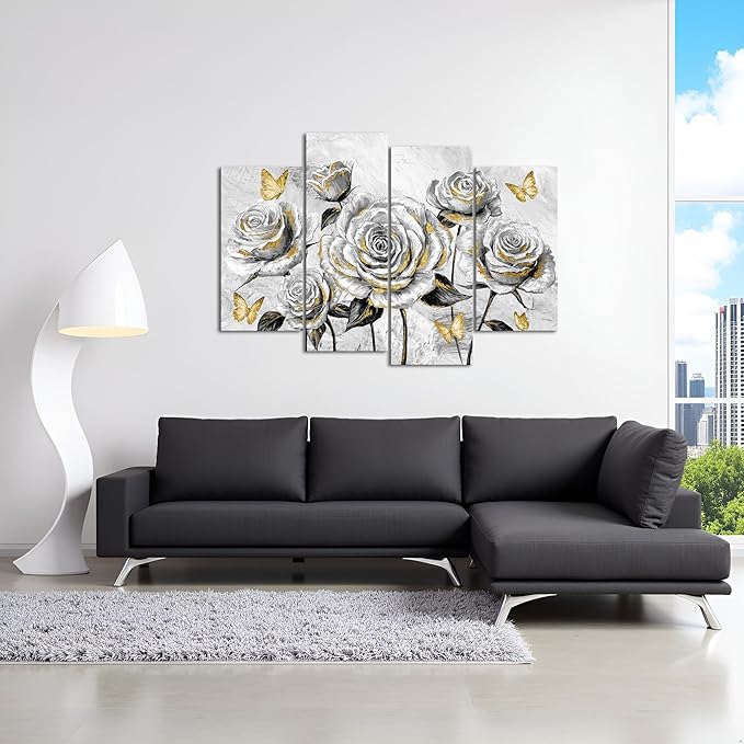 sechars Rose Wall Art Decor Grey and Gold Floral Pictures Painting Flower with Butterflies Canvas Prints Framed