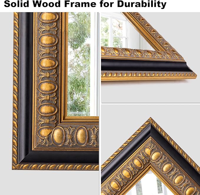 Vintage Mirror for Wall, 36" L x 24" W Baroque Mirror with Carved Wood Frame and Handmade Aged Gold Finish, Horizontal/Vertical Hanging, Rectangular Mirrors for Living Room Bathroom Fireplace
