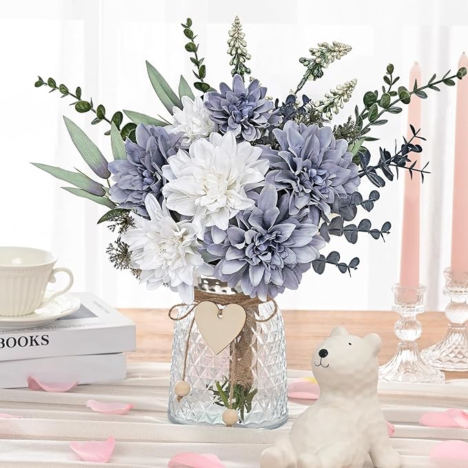 MARTINE MALL Fake Flowers in Vase, Faux Flowers in Vase, Dahlia Artificial Flowers in Vase Centerpiece Table Decorations Artificial Flower Arrangement for Home Dining Room Office Farmhouse, Blue