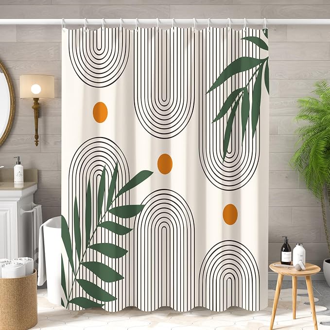 Boho Mid Century Shower Curtain Abstract Arch Geometric Sun Curve Rainbow Tropical Leaves Minimalist Shower Curtain Aesthetic Beige Bathroom Decor Fabric Curtains Set 72x78 inch