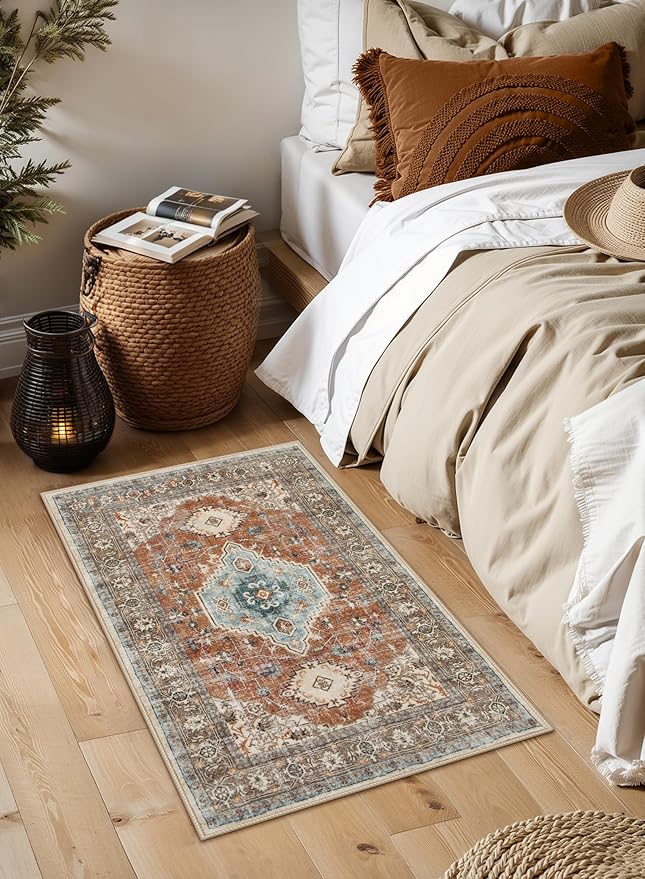 Lahome Oriental Small Rugs for Entryway, 2x3 Rug Non Slip Washable Fall Door Mat Indoor Entrance Ultra-Thin Vintage Soft Carpet for Kitchen Bedroom Front Door Bathroom, Orange/Multi