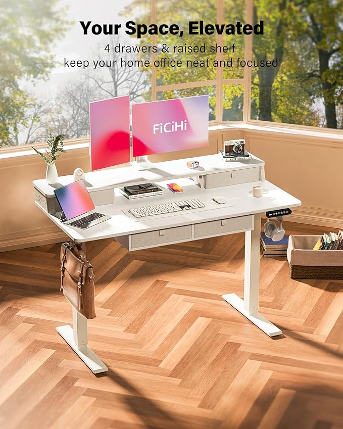 FiCiHi Adjustable Height Standing Desk with 4 Drawers,48 x 24 inches Electric Sit Stand Home Office Desk with Two Tiers, 3 Memory Presets, Monitor Stand Riser, C-Clamp Mount Compatible