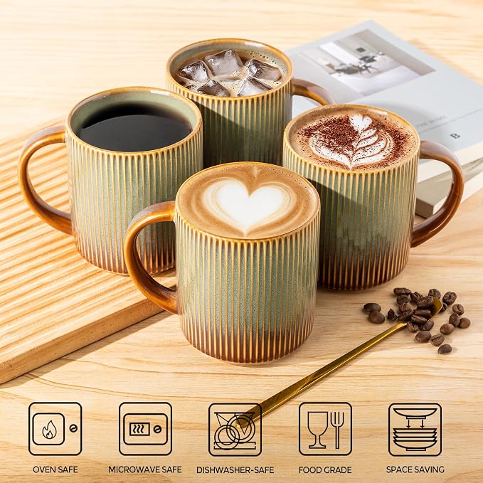 theterra Ceramic Coffee Mugs Set of 4, 14.2oz Handmade Coffee Cups with Handle for Latte, Tea, Milk, Beer, Hot Cocoa, Sage Umber